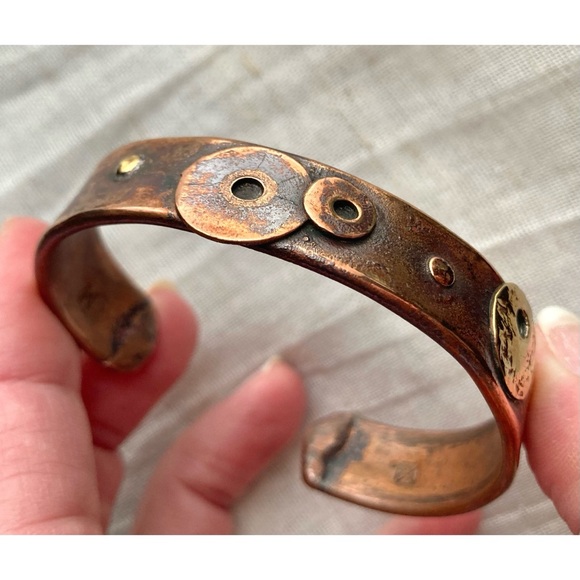 Artisan Recycled Copper & Brass Cuff Bracelet w/ Modernist Disk/Circle Design - Picture 3 of 11